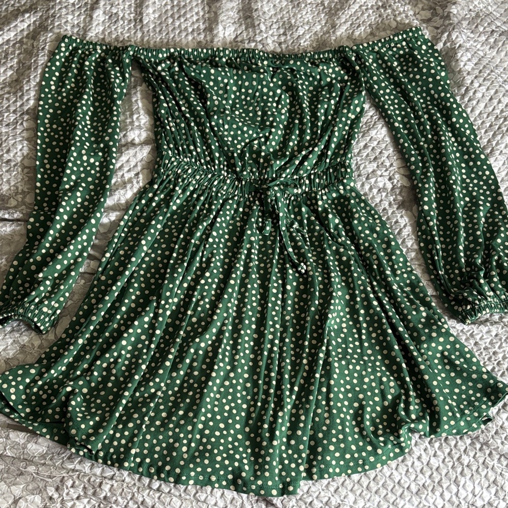 Asos Green/White Polka Dot Off-Shoulder Dress